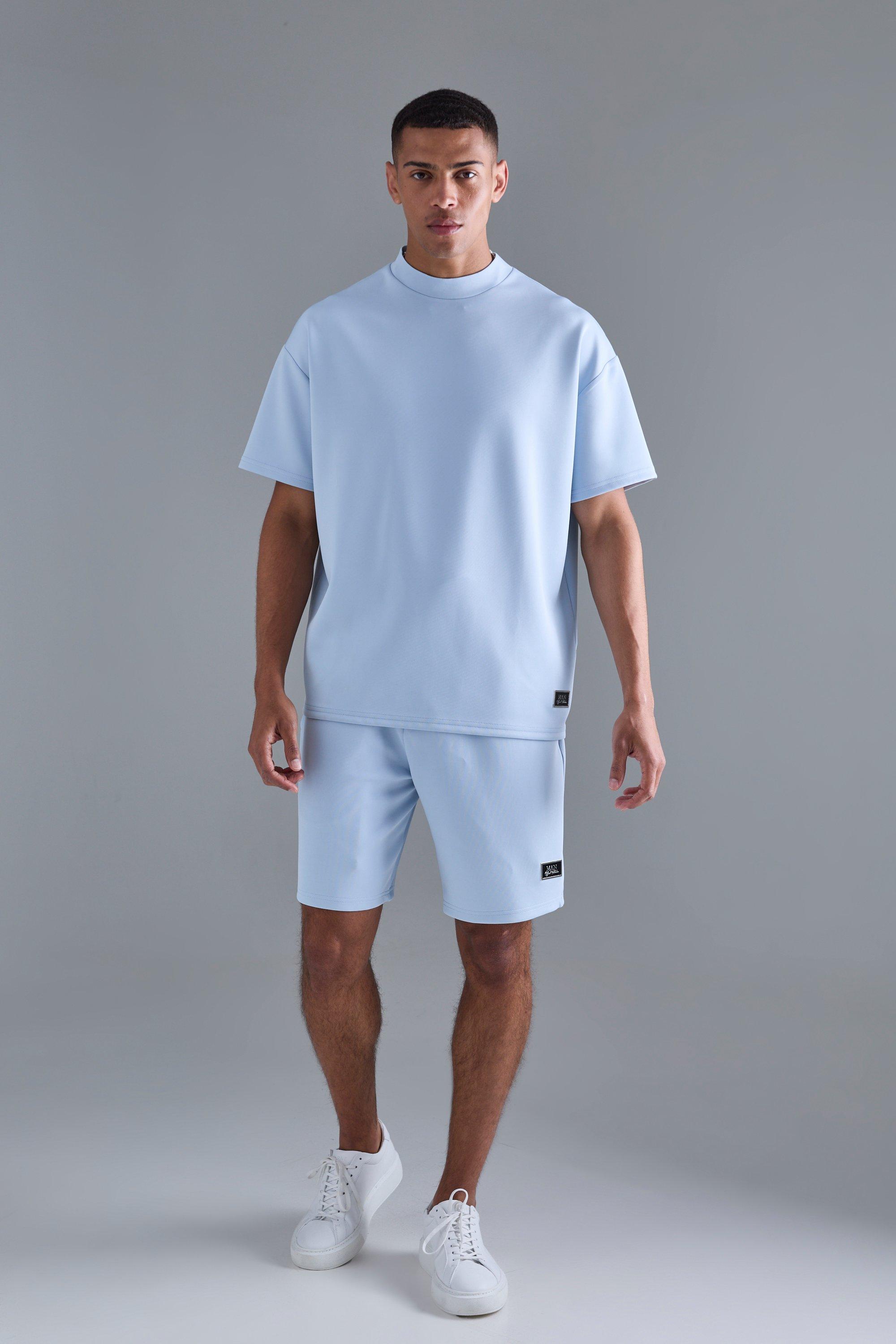 Mens Blue Oversized Scuba T-shirt & Relaxed Short Set, Blue